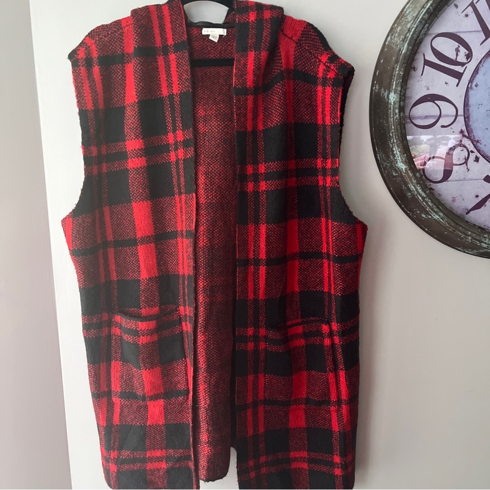 Cato Est 1946 Sz 22/24 Open Front Cardigan Vest Hood Pockets Buffalo Check
